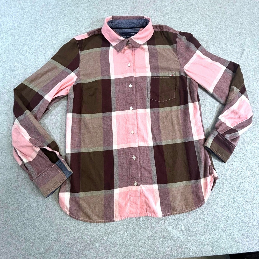 Tommy Hilfiger‎ Button Down Womens S Pink Brown Plaid Long Sleeve Shirt Flannel